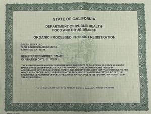 California Department of Public Health Food and Drug Branch registration certificate for Green Jeeva LLC, valid until June 30, 2025.