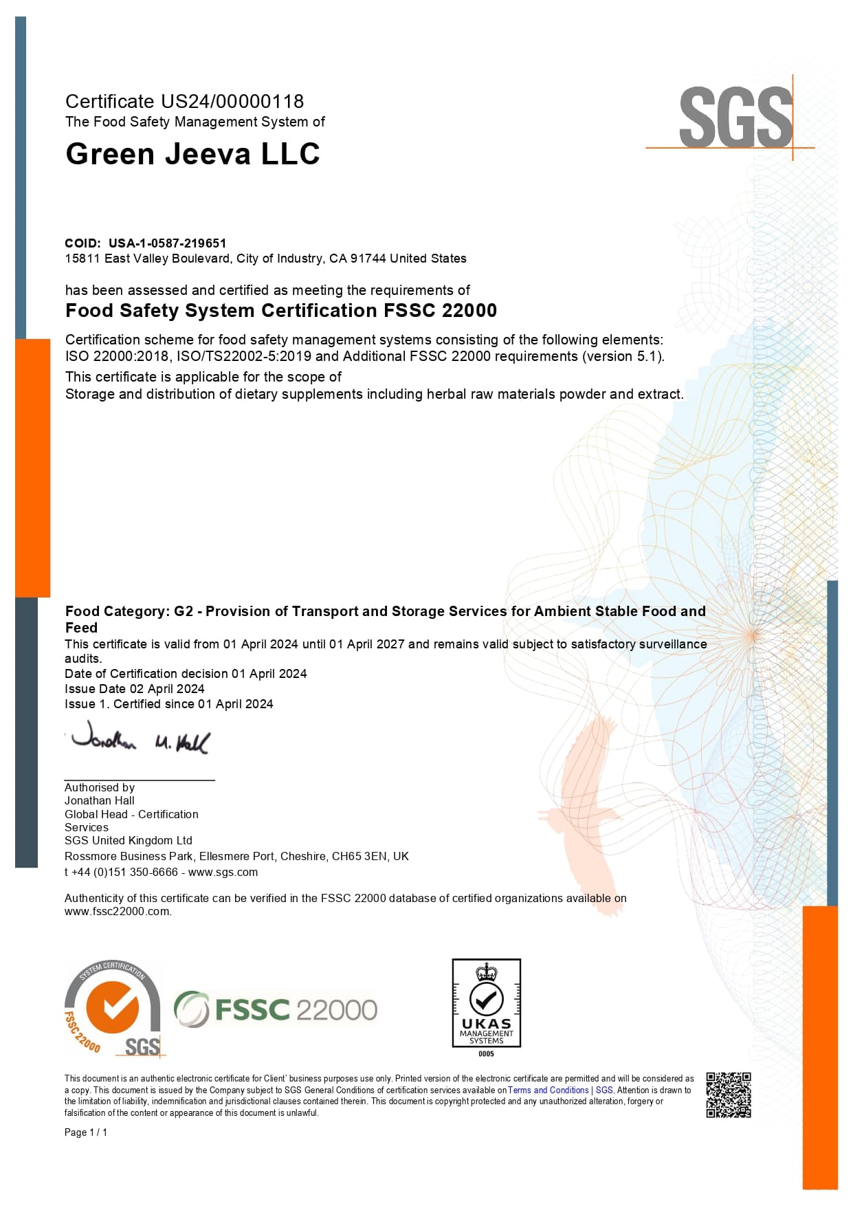 Certificate for Green Jeeva LLC's Food Safety System Certification FSSC 22000, valid from 2025 to 2028 for storage and transport services.