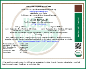 USDA Organic certificate for Green Jeeva LLC, issued by Baystate Organic Certifiers, valid until November 27, 2024.