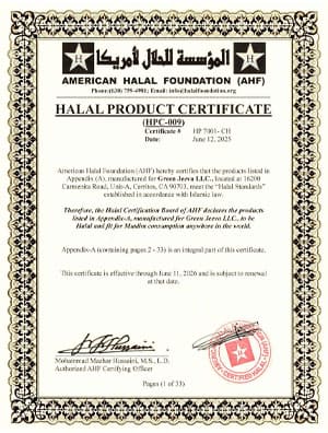Halal Product Certificate from American Halal Foundation, validating Green Jeeva LLC products for Muslim consumption until June 11, 2025.