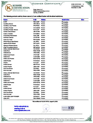 OK Kosher Certification for Green Jeeva LLC, confirming kosher compliance for herbal and nutraceutical ingredients until March 31, 2025.