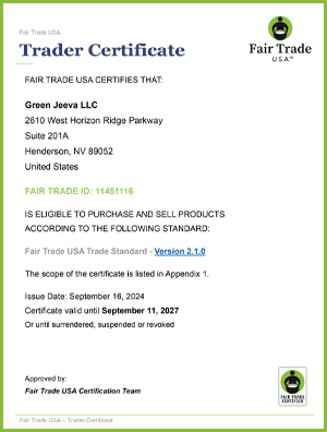 Fairtrade trader certificate for Green Jeeva LLC, covering herbs and spices in the United States, issued by FLOCERT GmbH.