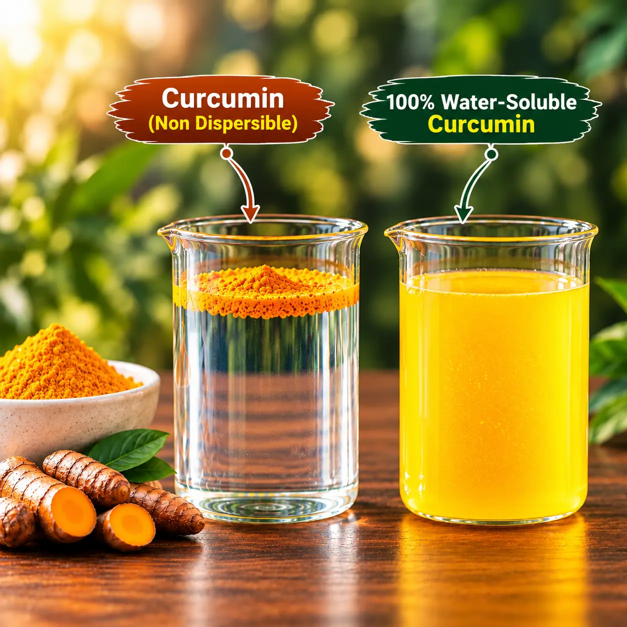 Dispersion comparison: native curcumin clumps and settles, natural water-dispersible curcumin disperses evenly