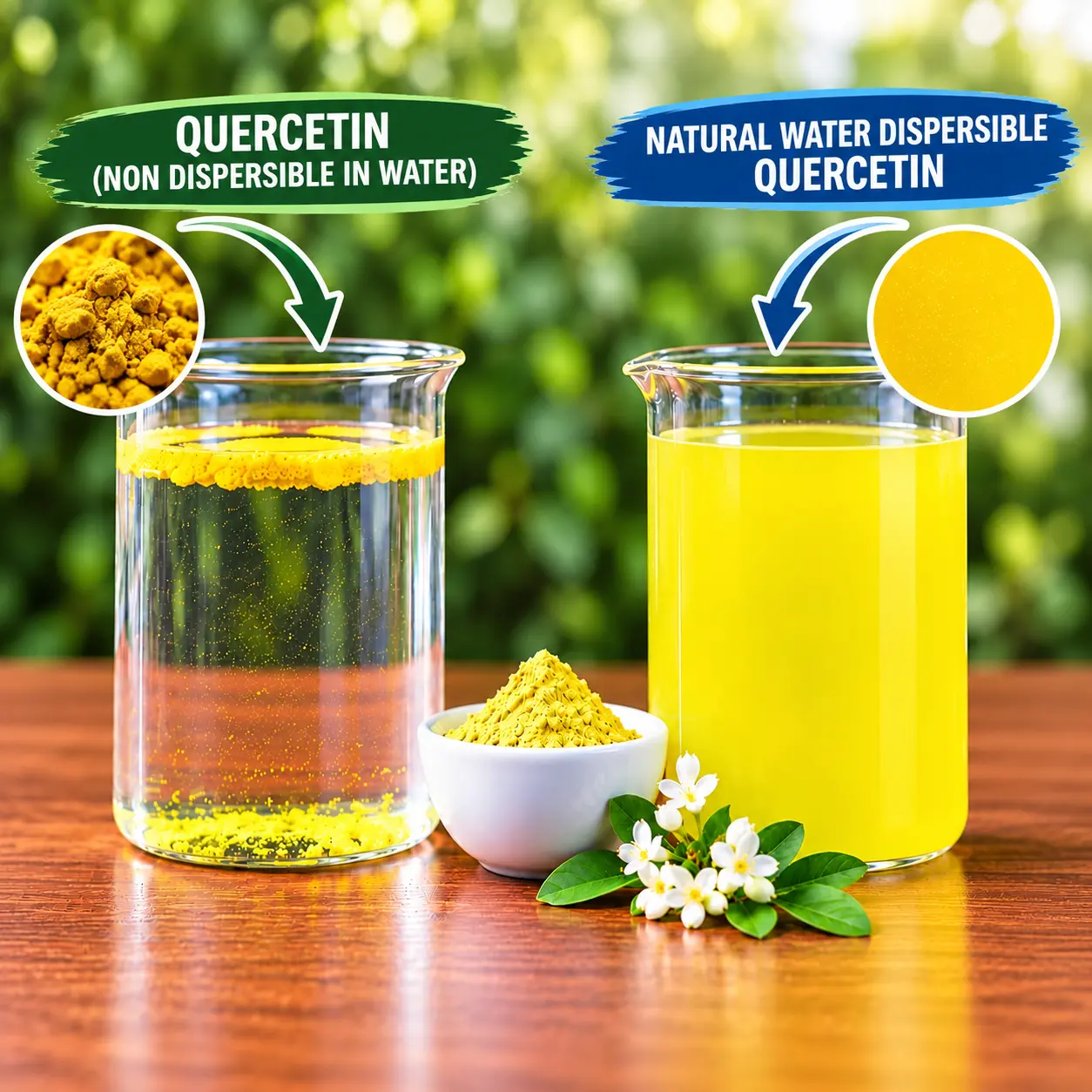 Dispersion comparison: native quercetin clumps and settles, natural water-dispersible quercetin disperses evenly