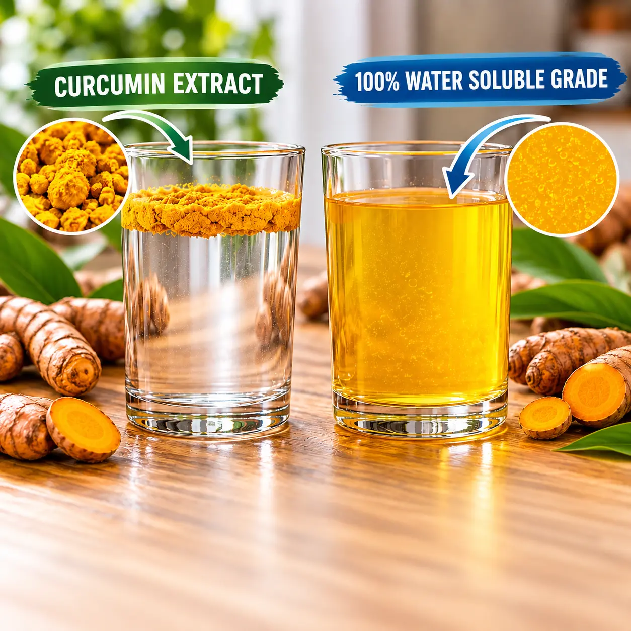 Dispersion comparison: native curcumin clumps and settles, water-soluble curcuminoid disperses evenly
