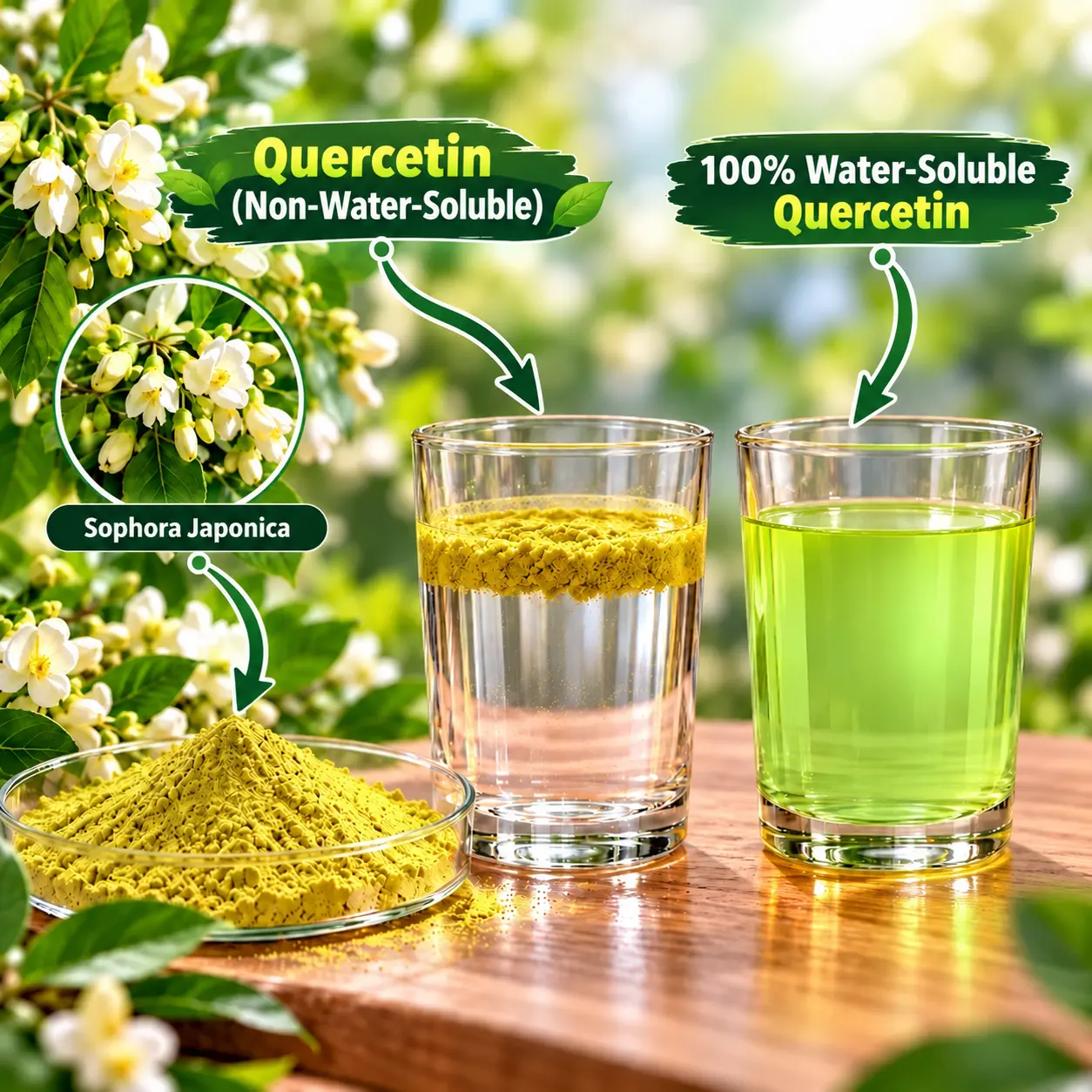 Dispersion comparison: native quercetin clumps and settles, water-soluble quercetin disperses evenly