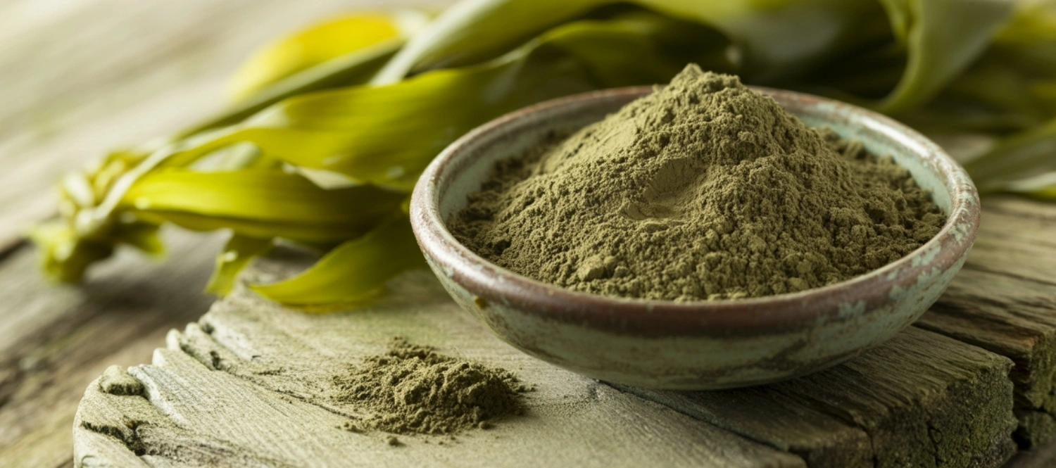Organic kelp powder in ceramic bowl with fresh kelp leaves