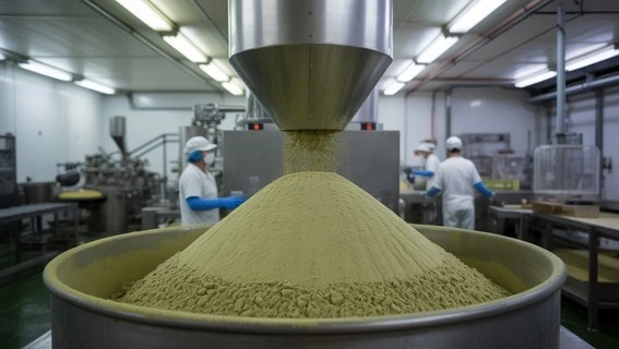 Industrial warehouse storage of bulk organic kiwi fruit powder for commercial supply