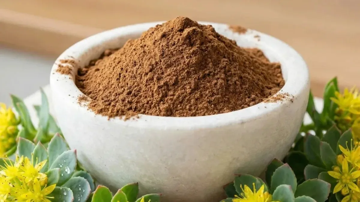 Fine rhodiola rosea powder in bowl showing botanical root powder texture