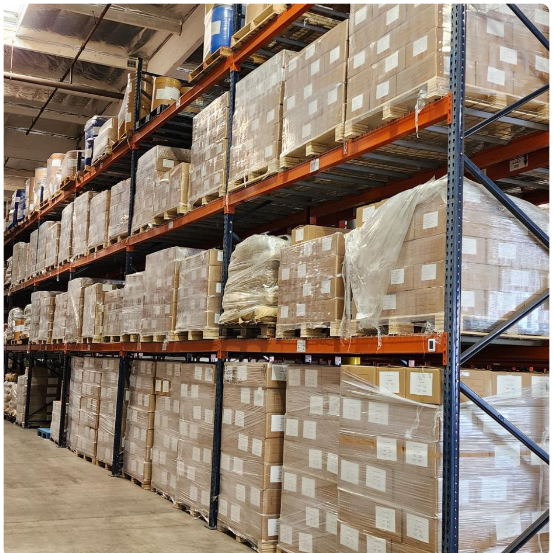 Bulk kelp powder storage in warehouse ingredient racks