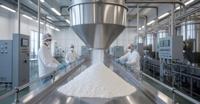 Bulk magnesium bisglycinate powder being prepared for packaging and shipping
