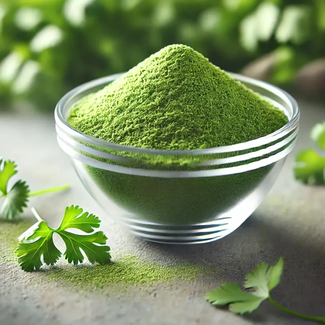 Fine green organic parsley powder in glass bowl ingredient display