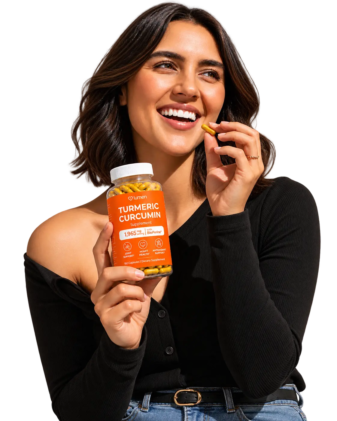 Smiling woman holding a Lumen Turmeric Curcumin bottle and a capsule