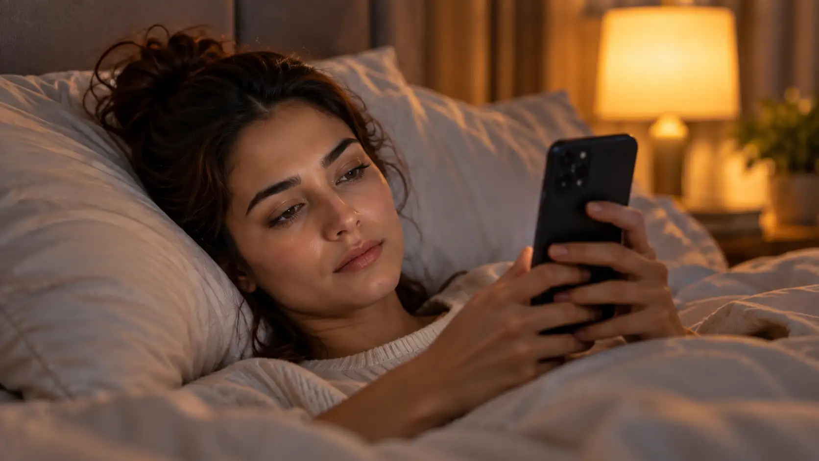 Woman in bed looking at her phone