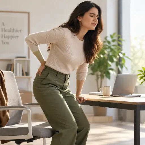 Woman stiff after sitting at her desk, hand on lower back