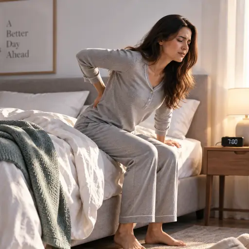 Woman sitting on the edge of her bed, hand on lower back