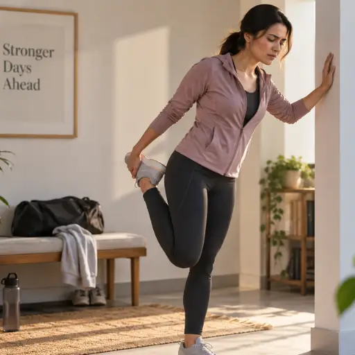 Woman stretching her leg while leaning against a wall