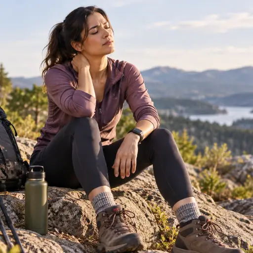 Woman resting on a rock after a hike, rubbing her neck