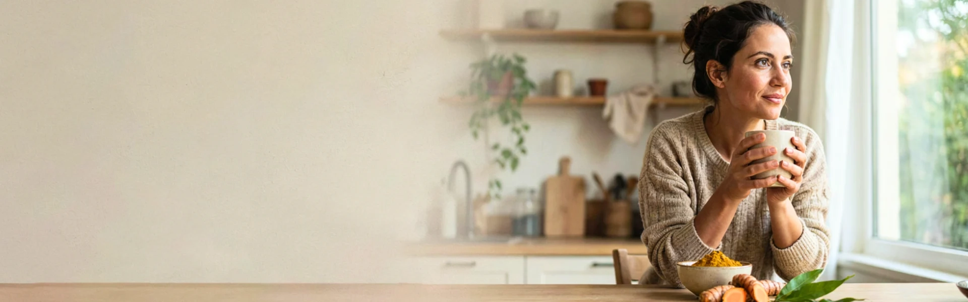 Woman in a sunny kitchen holding a mug, with a bowl of turmeric powder and turmeric roots on the counter