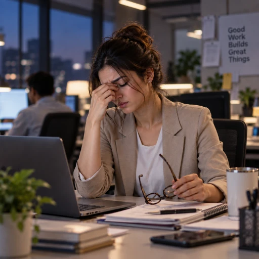Woman stressed at work, holding her glasses at her desk