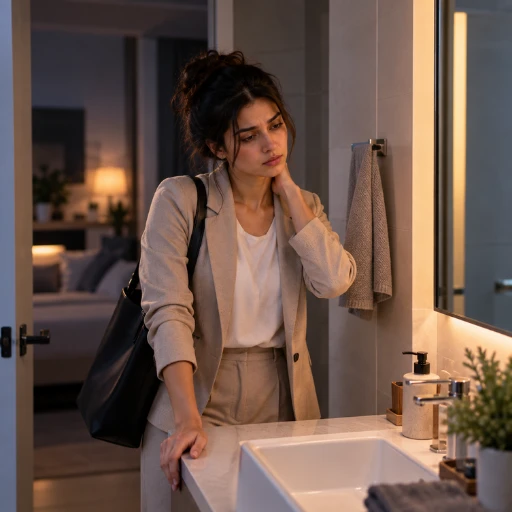 Woman tired, rubbing her neck at the bathroom sink
