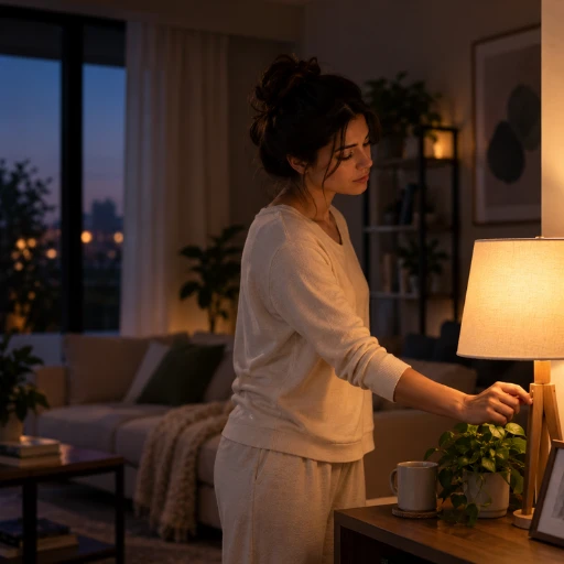 Woman turning on a warm lamp in her living room in the evening