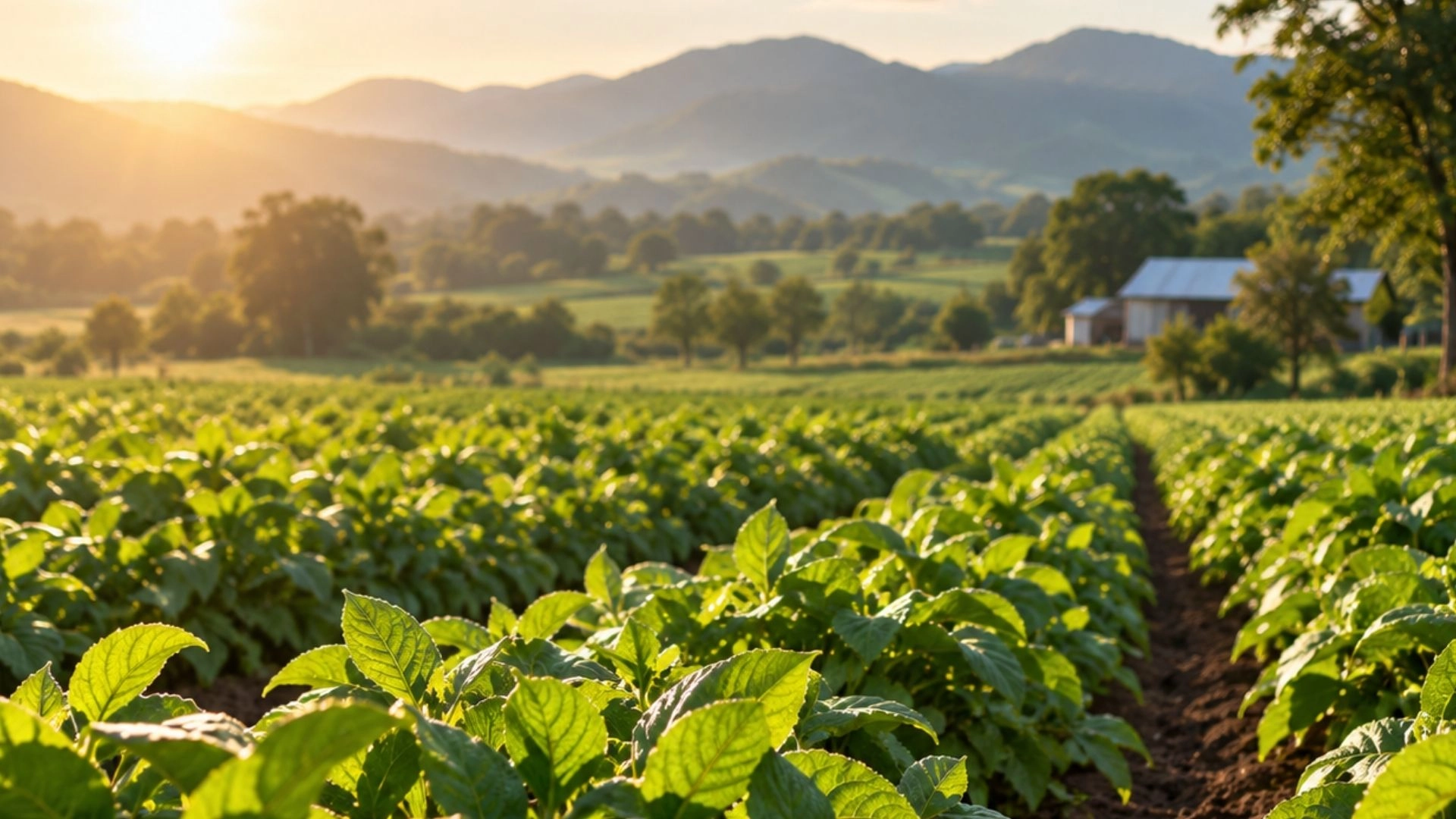 Sunlit farm field with mountains in the background