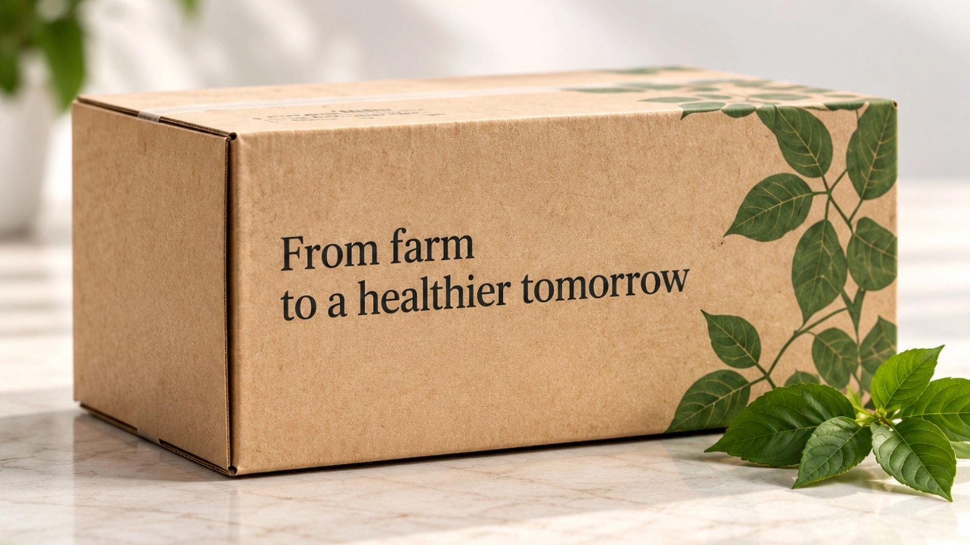 Shipping box printed with From farm to a healthier tomorrow