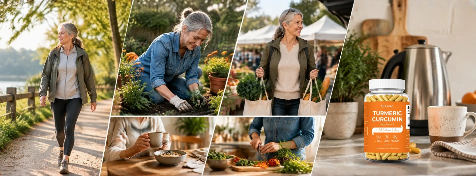 Collage of an active woman walking, gardening, shopping at a market, having breakfast and cooking, with a Lumen Turmeric Curcumin bottle on a kitchen counter