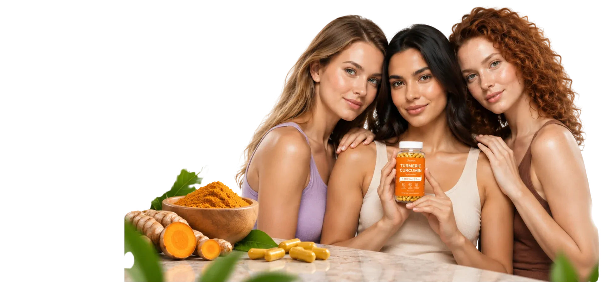 Three smiling women, one holding a Lumen Turmeric Curcumin bottle