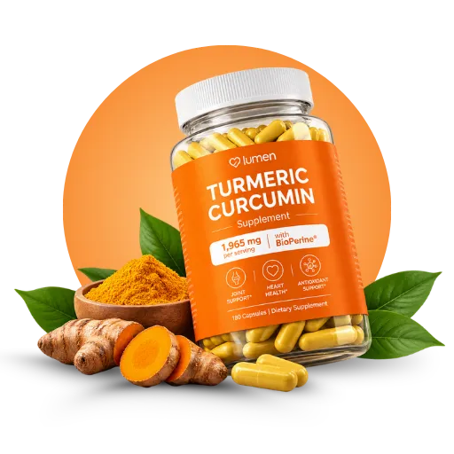 Lumen Turmeric Curcumin bottle with turmeric powder, roots and leaves