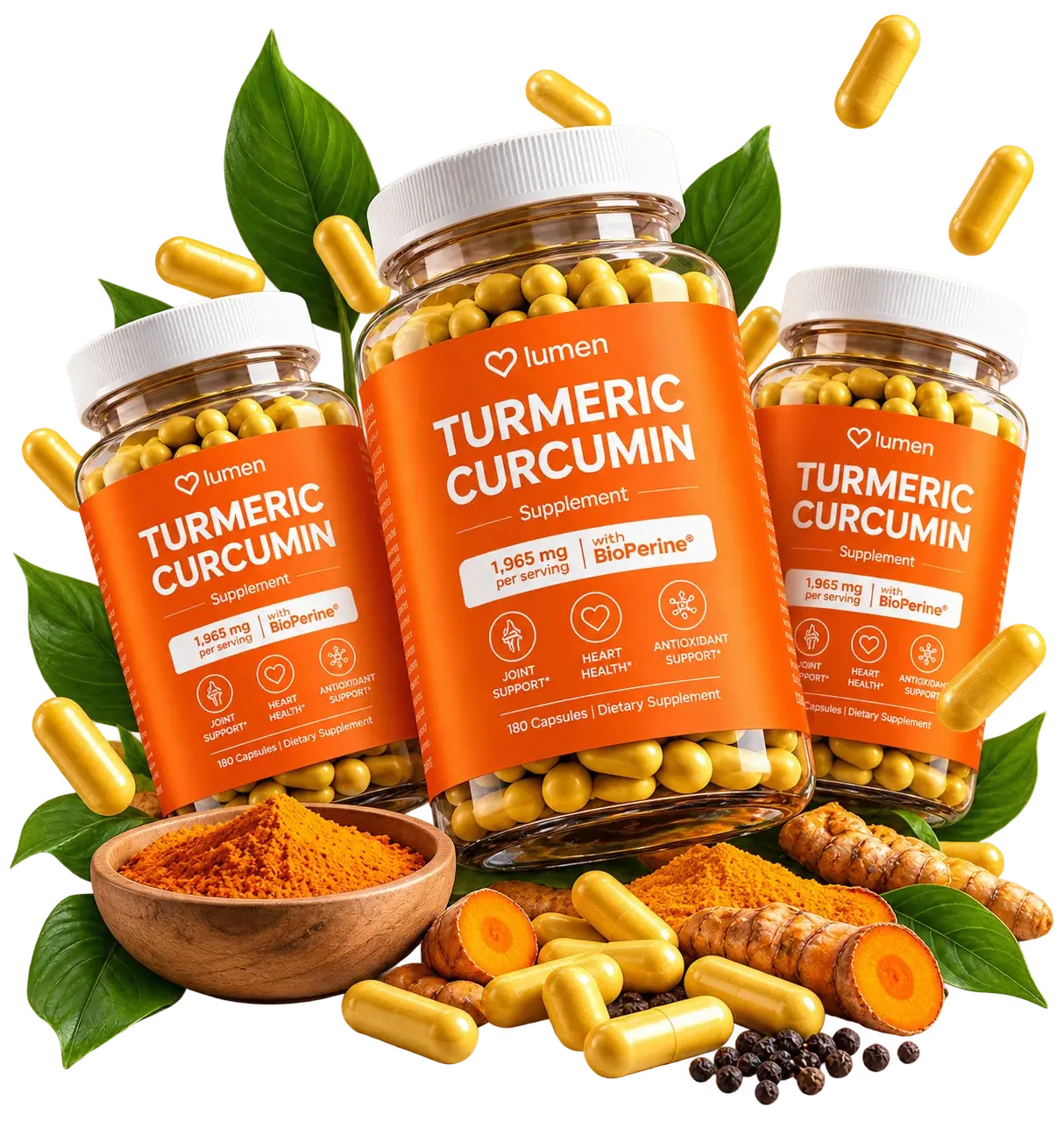 Lumen Turmeric Curcumin bottles with capsules, turmeric root, powder and black pepper