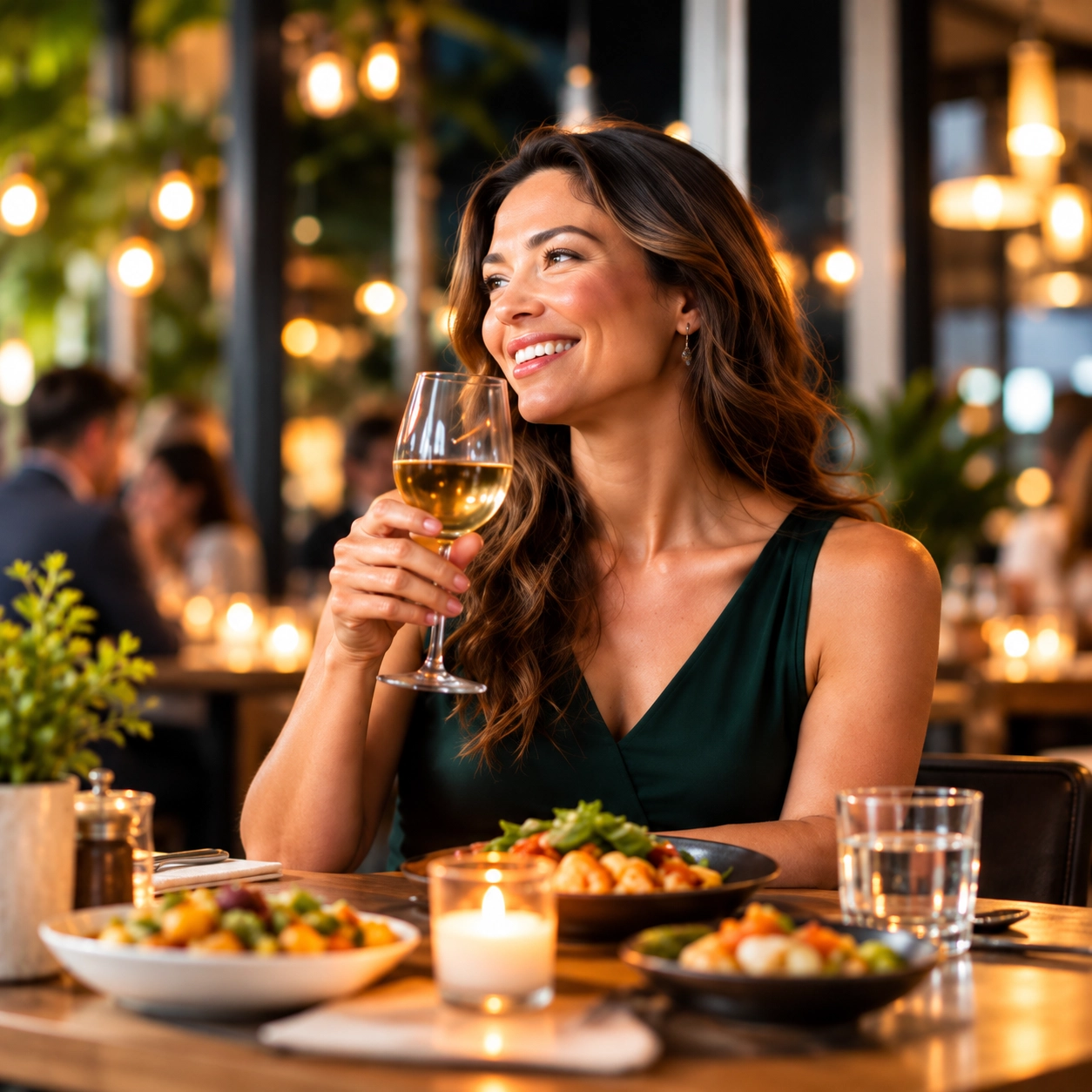 Friends raising a toast at a candlelit bistro dinner