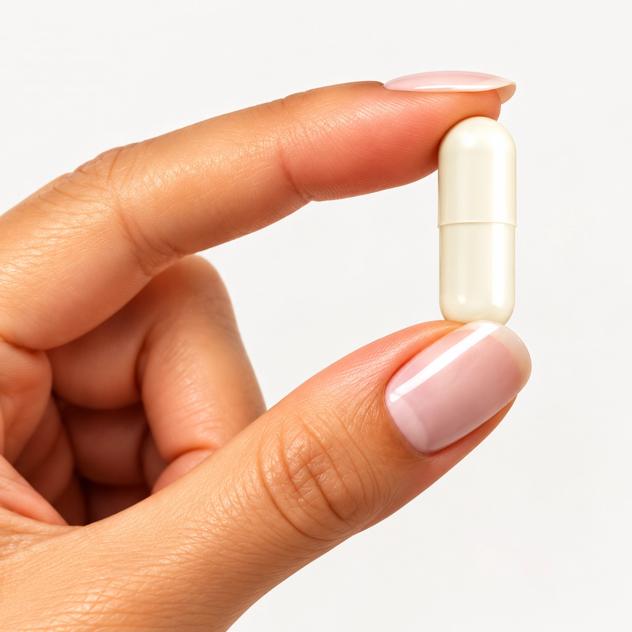 Close-up of a hand holding a cream-coloured capsule