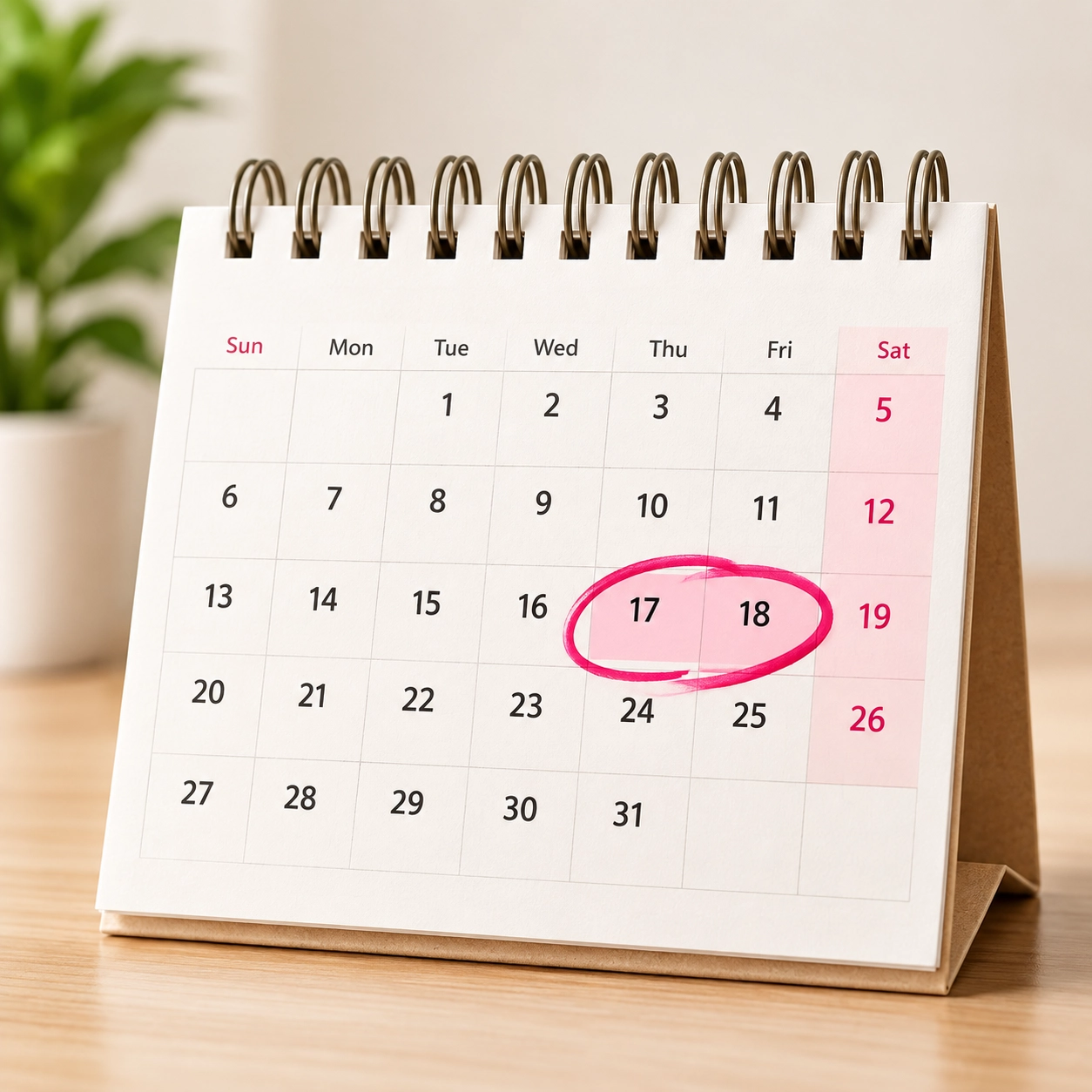 Desk calendar with a date circled in pink