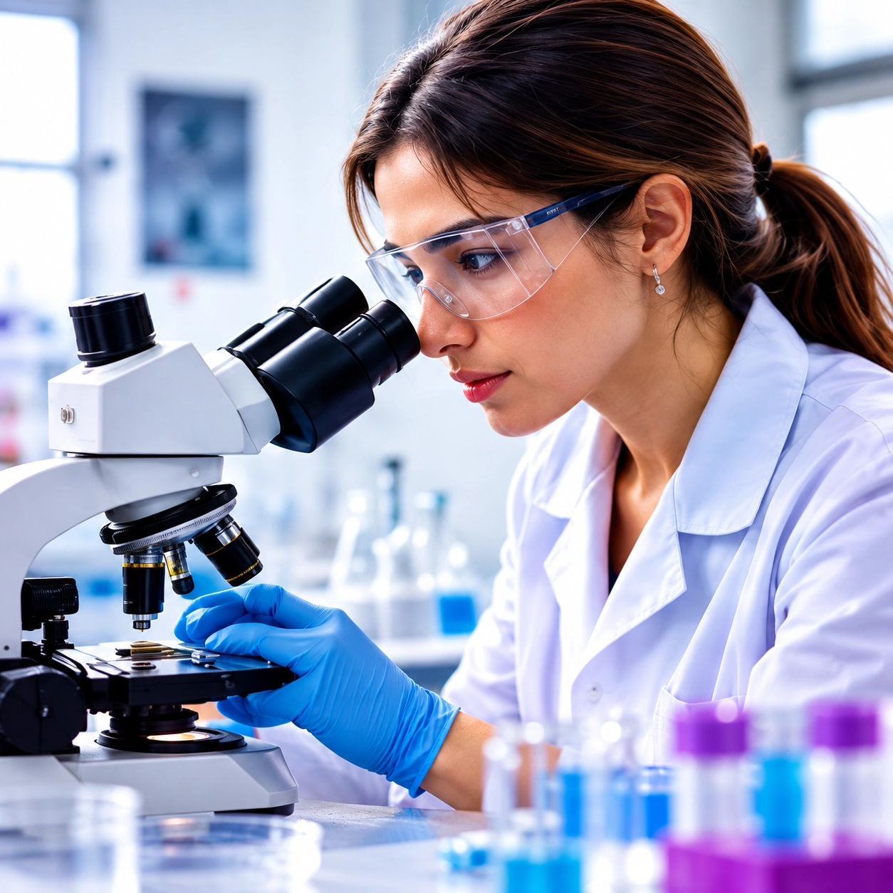 Scientist looking through a microscope in a lab