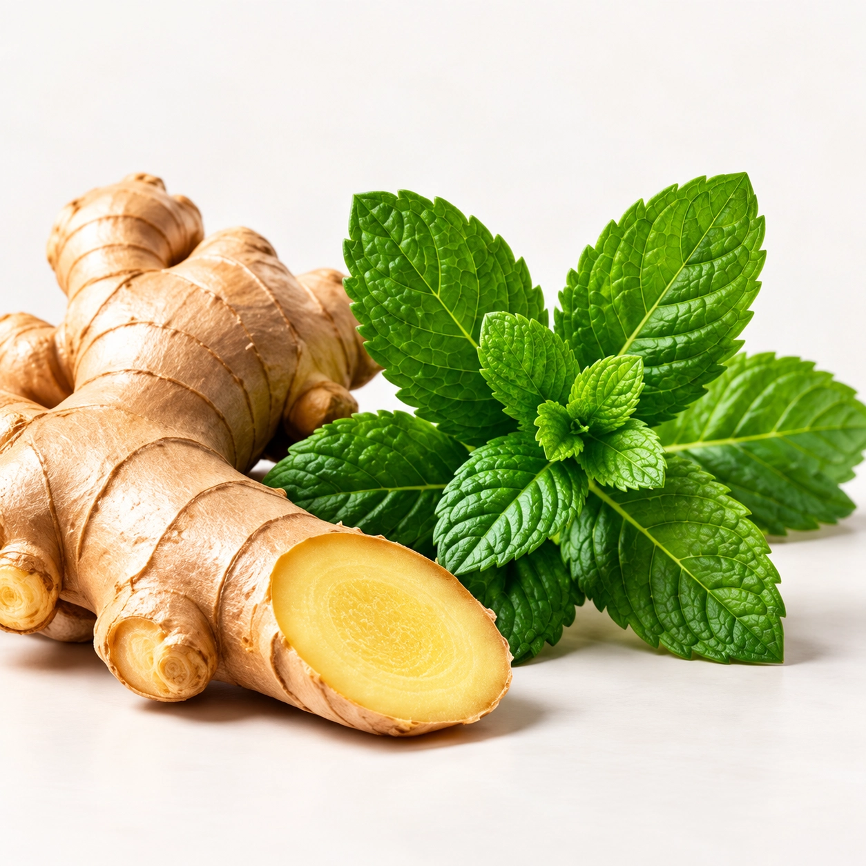 Fresh ginger root and mint leaves