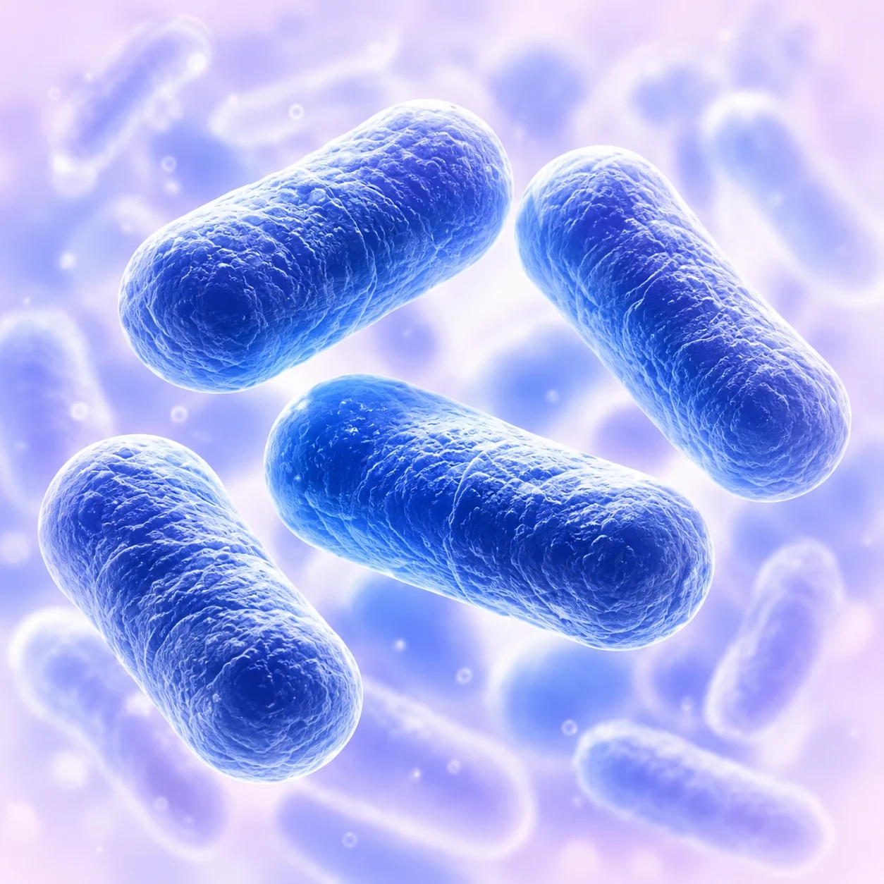 Glowing blue Lactobacillus bacteria under a microscope