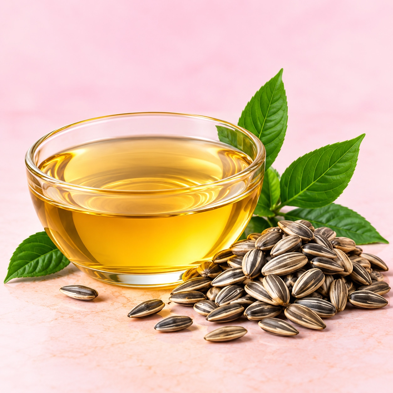 Golden oil with sunflower seeds and green leaves