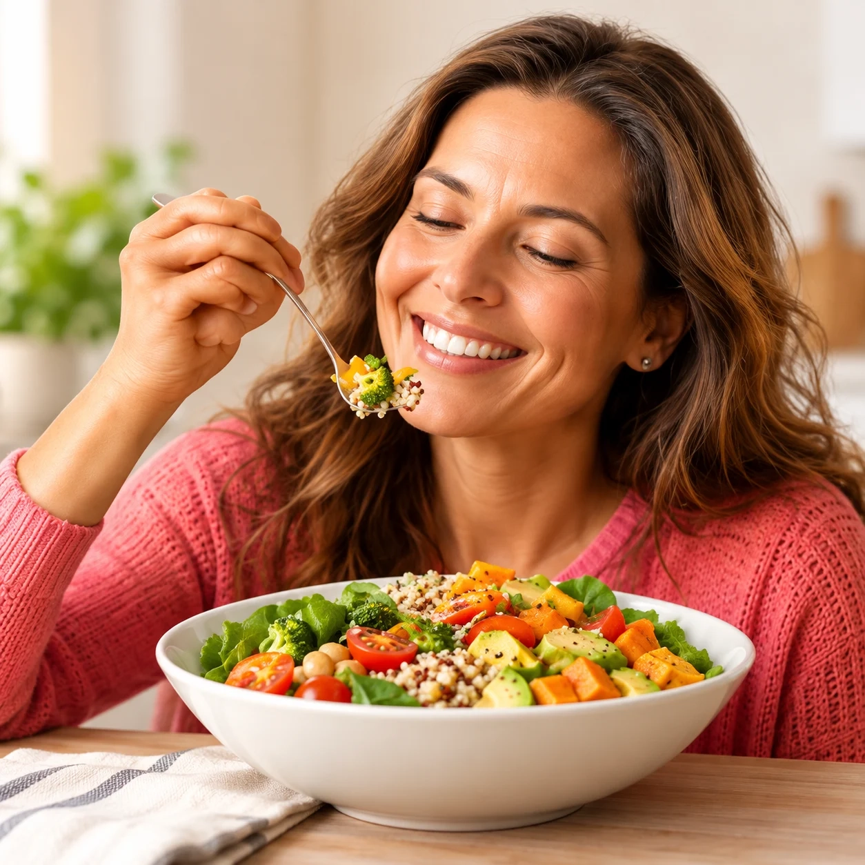 Joyful woman eating a vibrant salad bowl