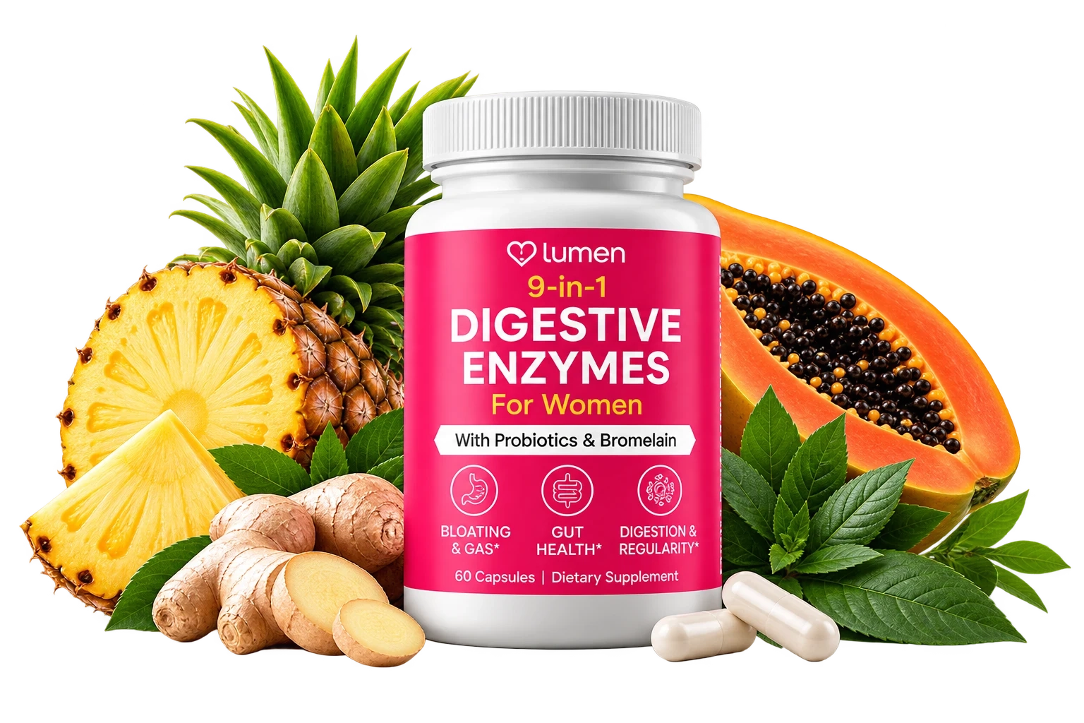 Lumen Naturals 9-in-1 Digestive Enzymes for Women bottle with pineapple, papaya, ginger and capsules