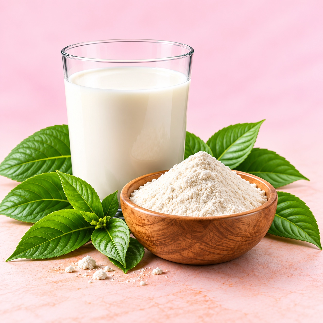 Glass of milk with milk powder and fresh green leaves