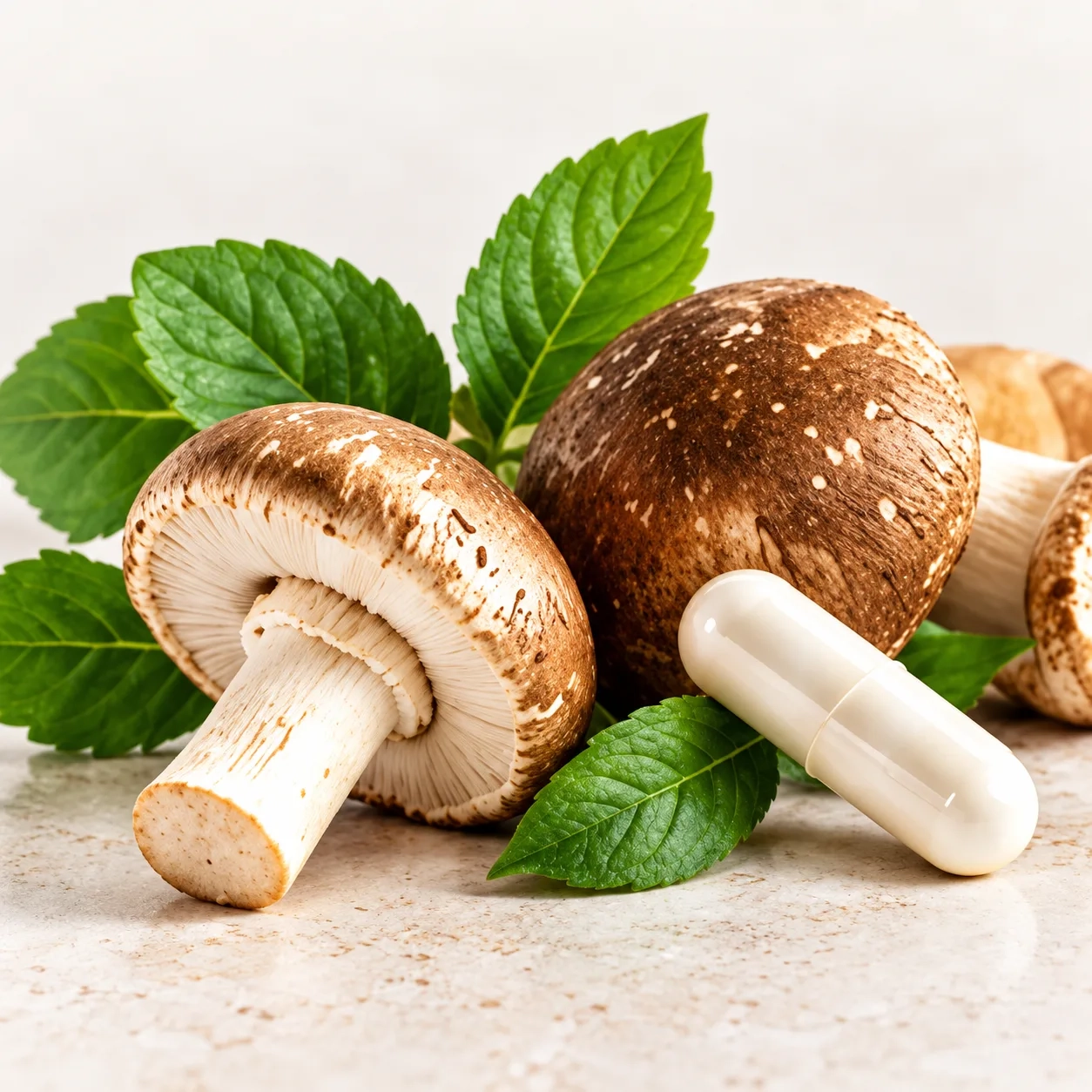 Mushrooms and fresh herbs with a supplement capsule