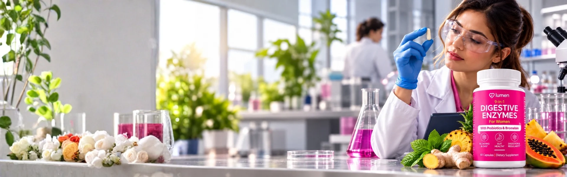 Scientist examining a digestive enzyme capsule in a lab, with a bottle of Lumen 9-in-1 Digestive Enzymes and fresh fruit