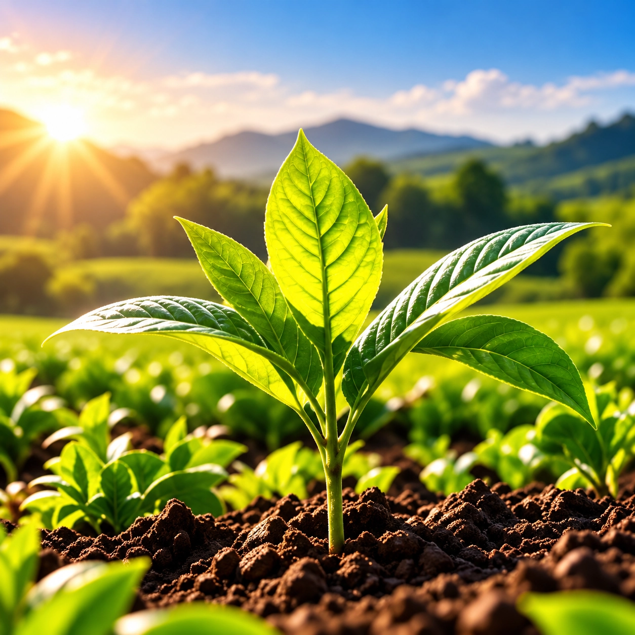 Sunlit seedling growing in a green field