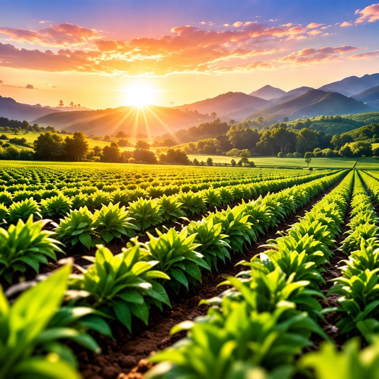 Sunrise over lush mountain farmland