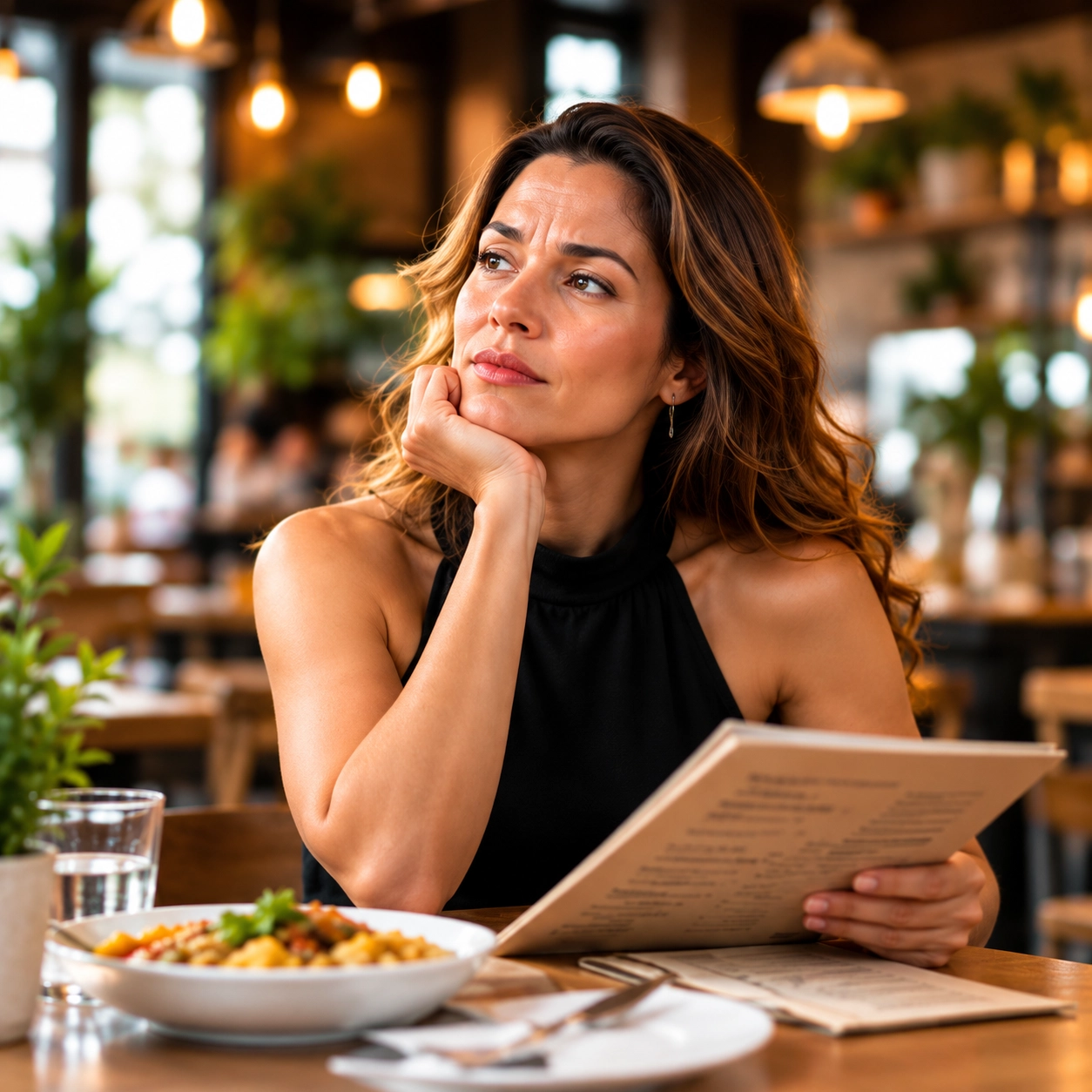 Thoughtful woman sitting in a cosy cafe