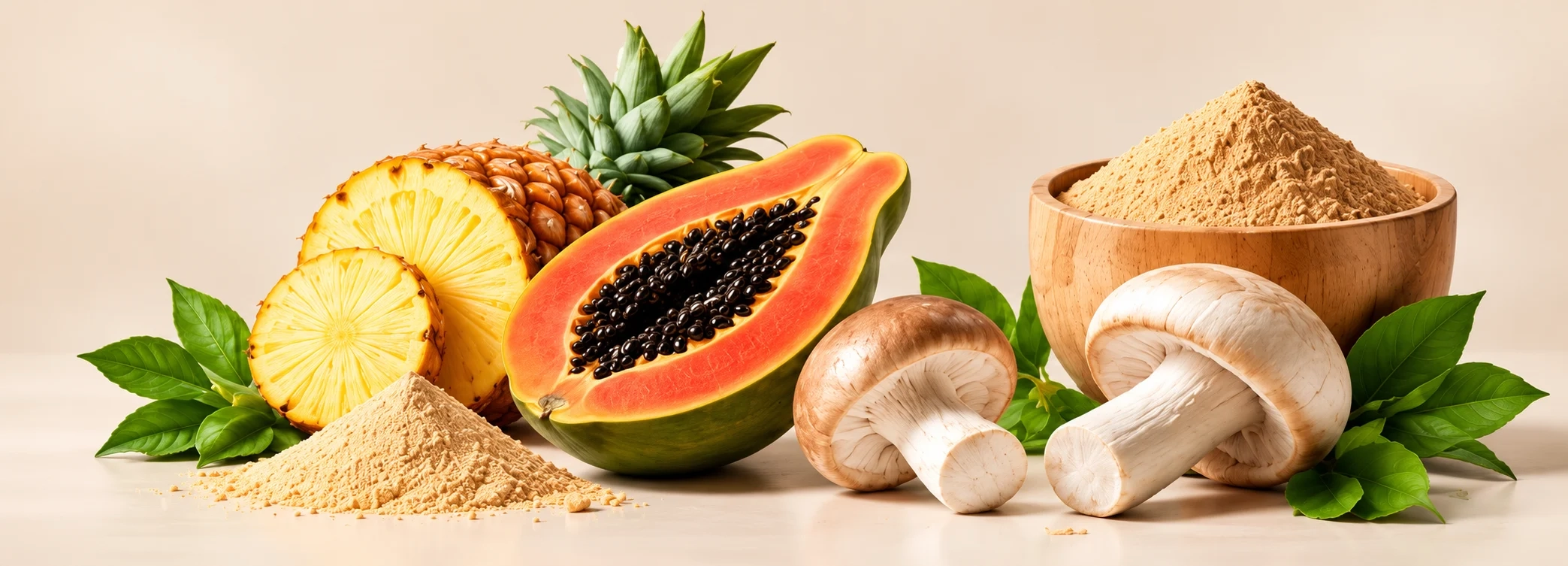 Pineapple, papaya, mushrooms and enzyme powders