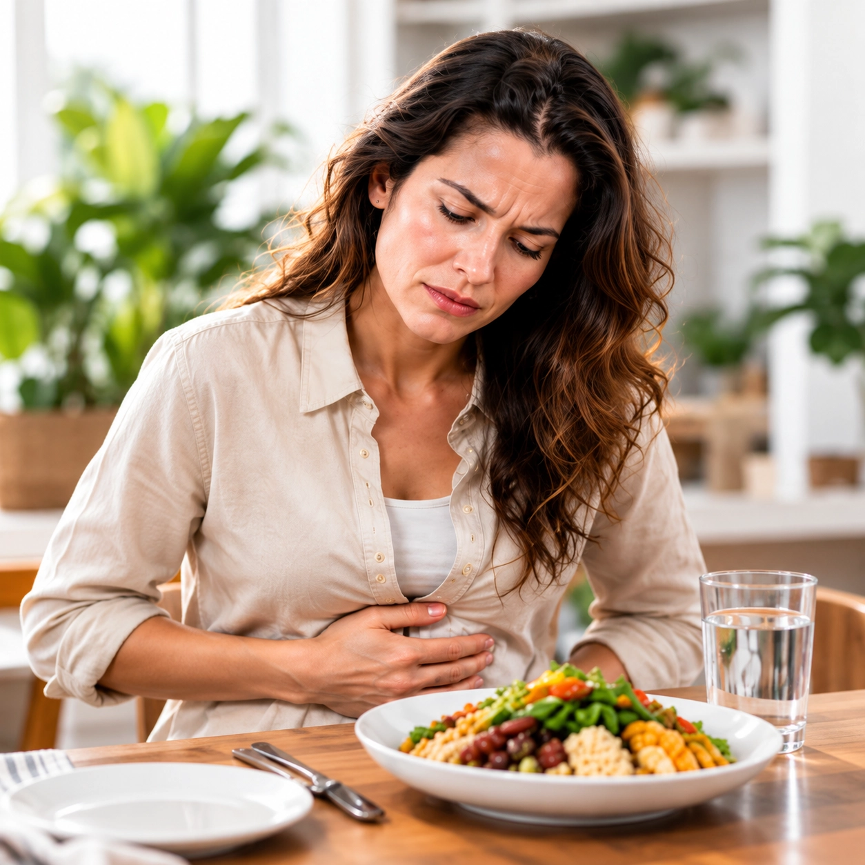 Uncomfortable woman holding her stomach in front of a healthy meal